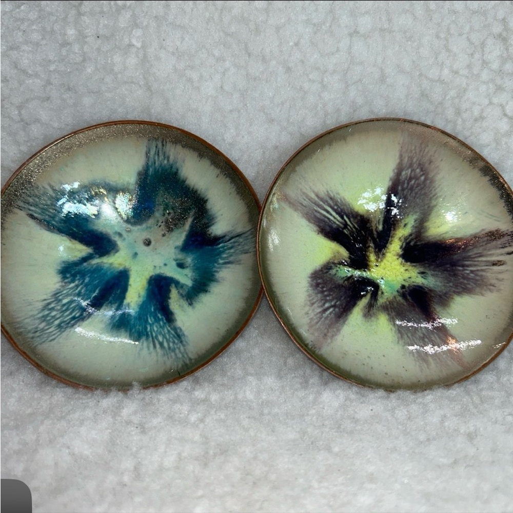 Enamel Copper abstract lava ring dish bowls set of 2 vintage 4" round vintage
